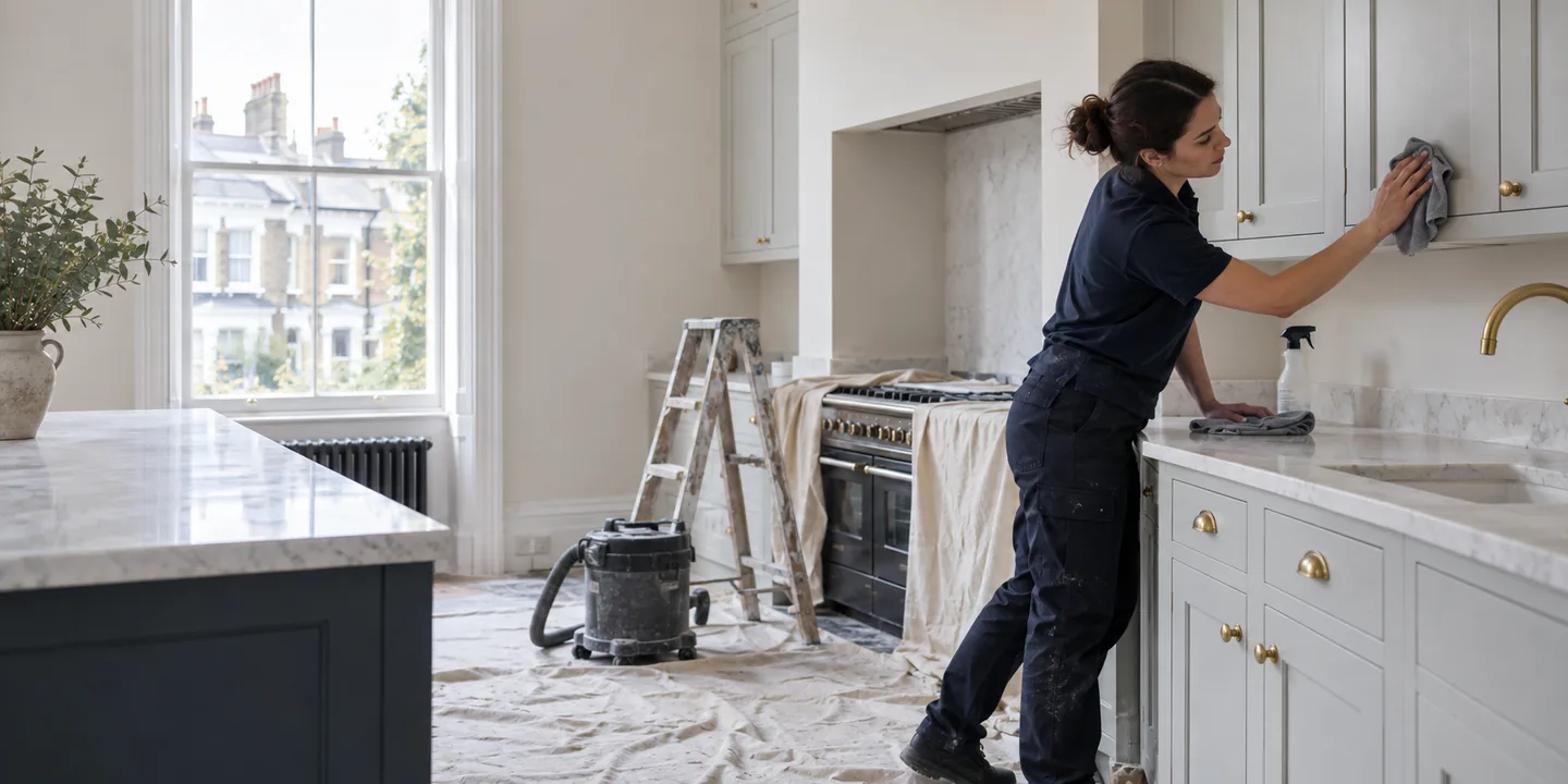 Cleaner wiping a renovated Fulham kitchen
