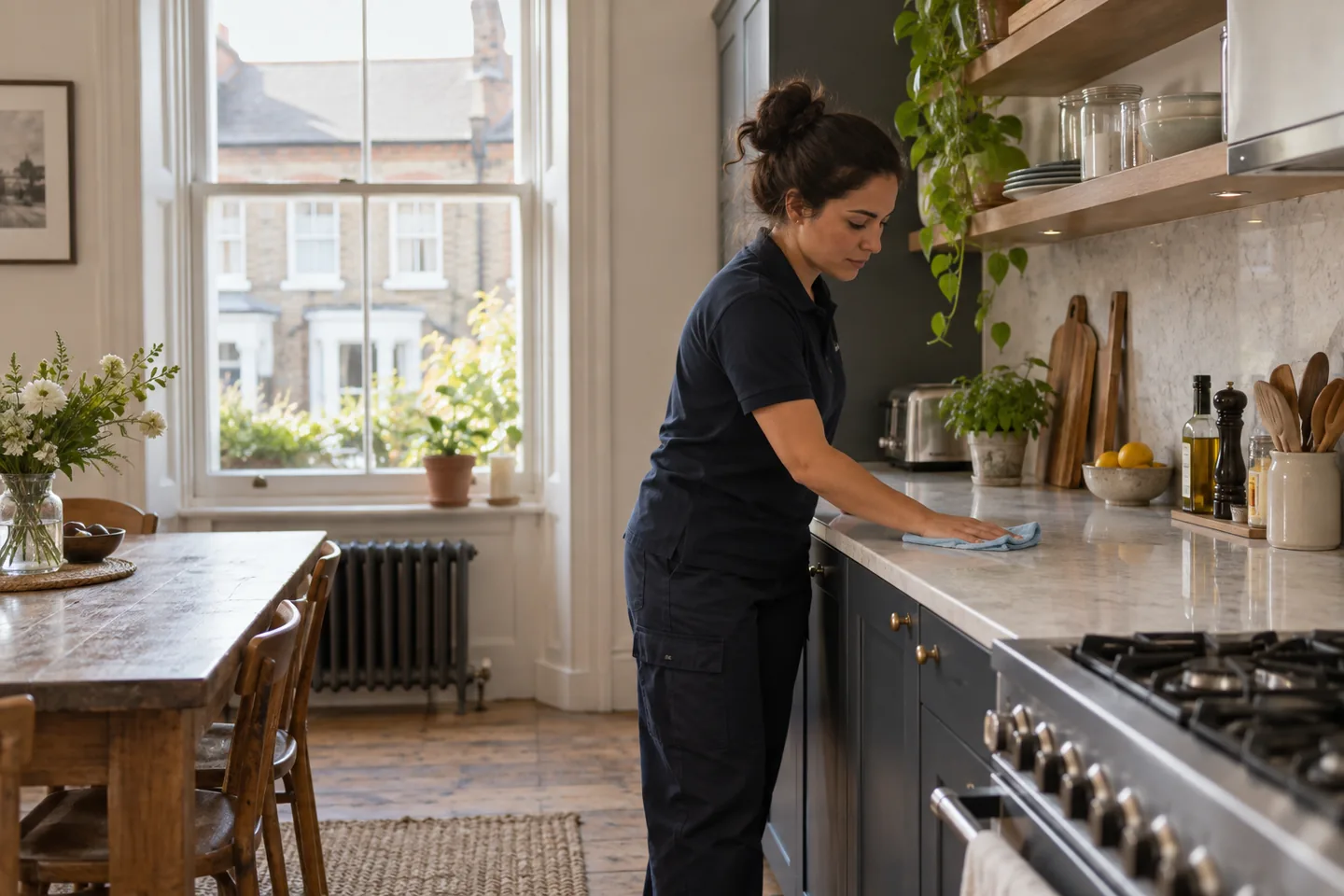 Cleaner caring for a lived-in Fulham kitchen