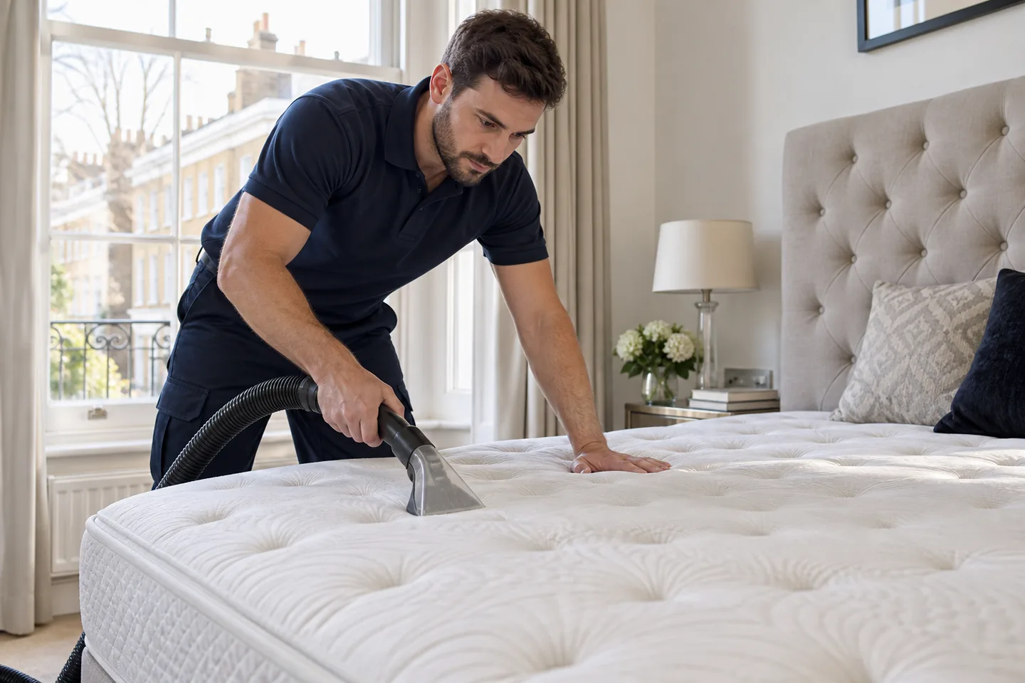 Detail of mattress fabric and seam cleaning