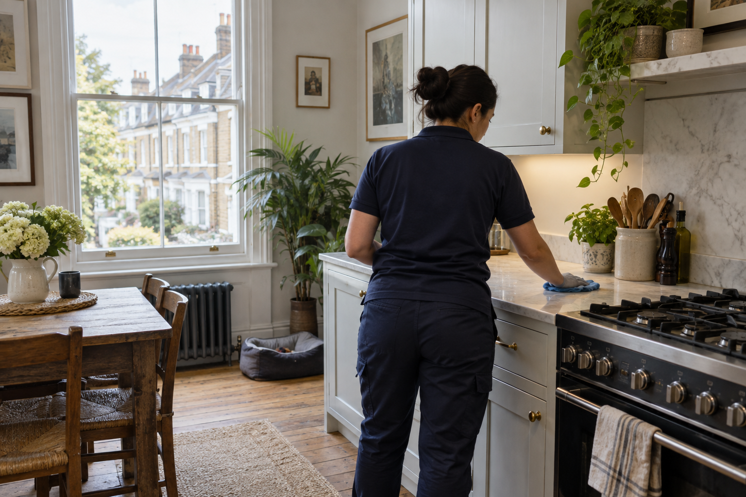 Cleaner working carefully in a London home
