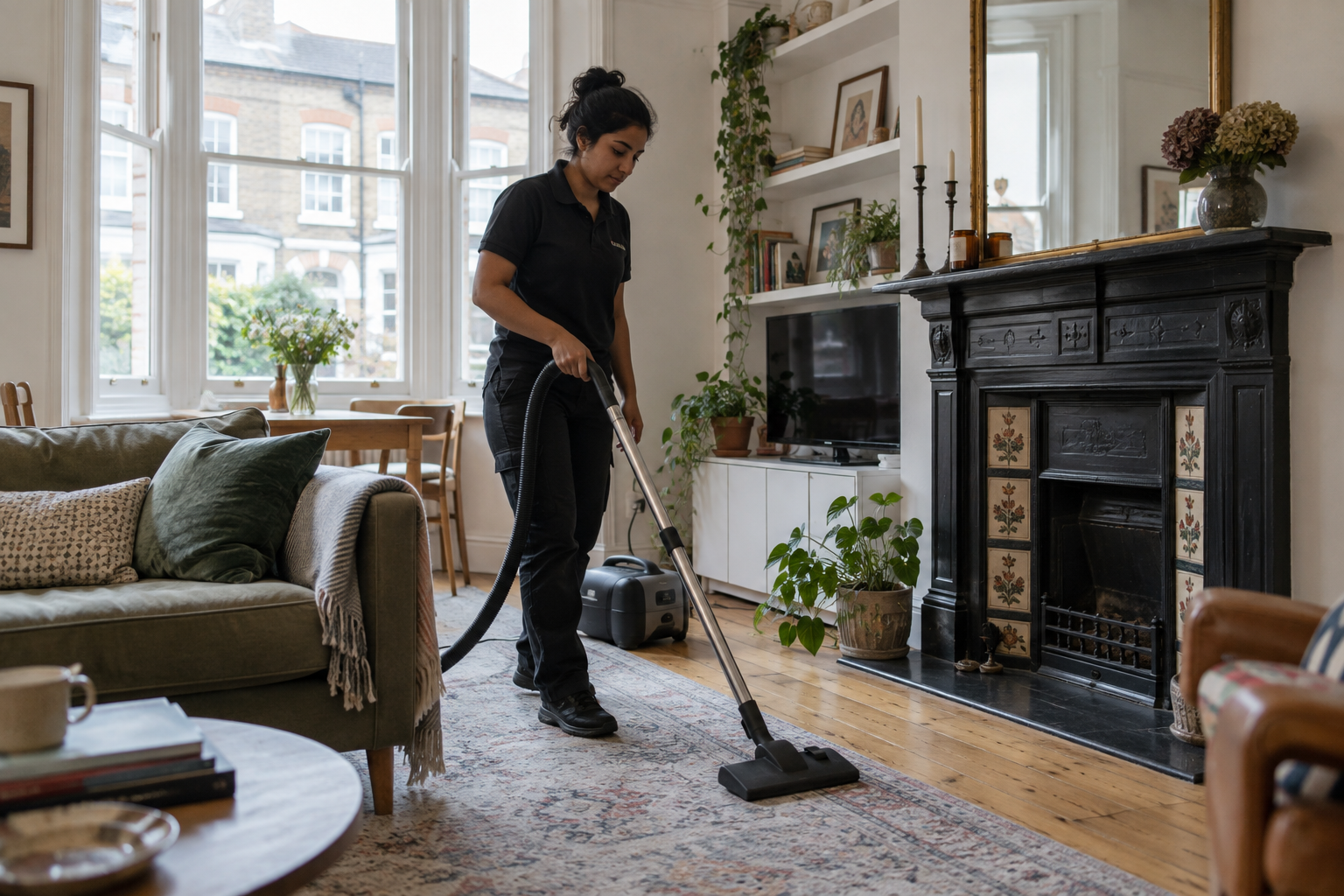 Cleaner caring for a Fulham living room