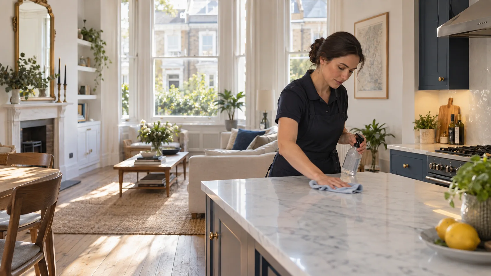 fulham-cleaning-hero-v2 Professional cleaner working in a bright Fulham home