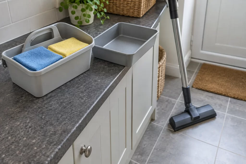 Clean microfibre cloths in a caddy beside a separate tray, with a vacuum head on the floor
