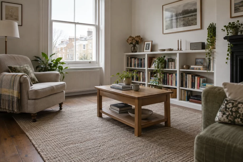 Sash-window sitting room with shelves, a coffee table and a rug over a wooden floor