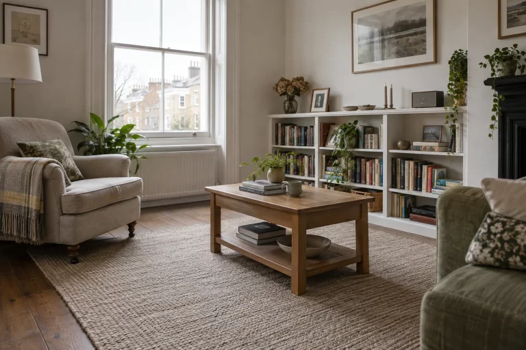Sash-window sitting room with shelves, a coffee table and a rug over a wooden floor