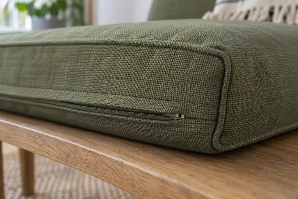 Zip and stitched edge on the underside of a removable sofa cushion cover