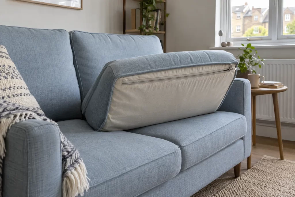 Loose sofa cushion tilted to show the cover fastening underneath
