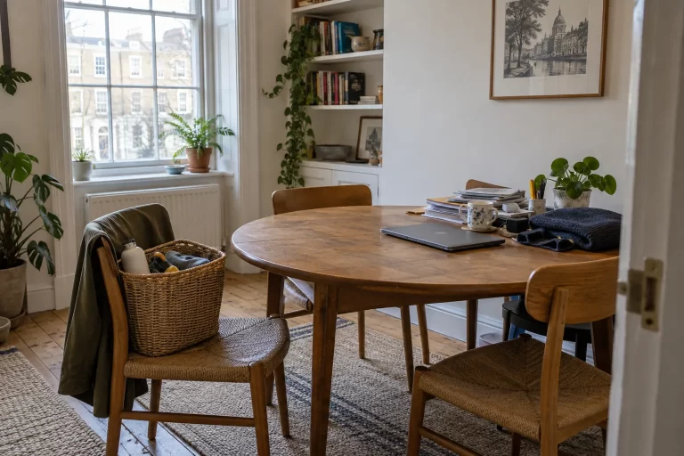Dining table partly cleared beside grouped belongings and a basket