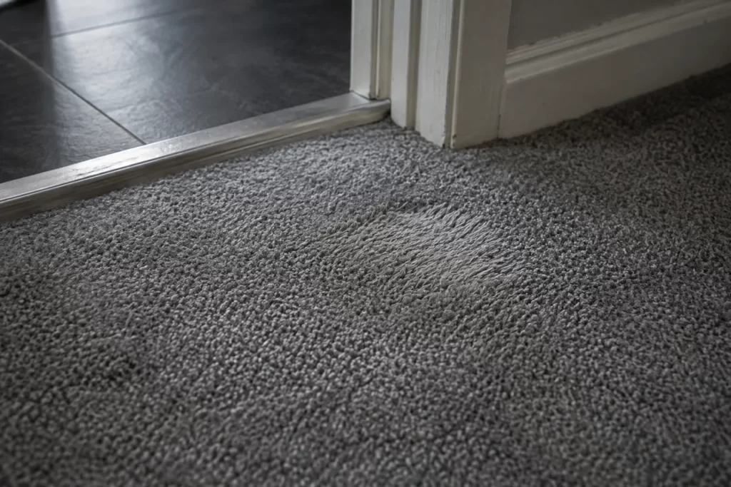 Flattened carpet pile catching the light beside a doorway threshold