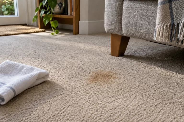 Faint mark on a beige fitted carpet beside a sofa leg