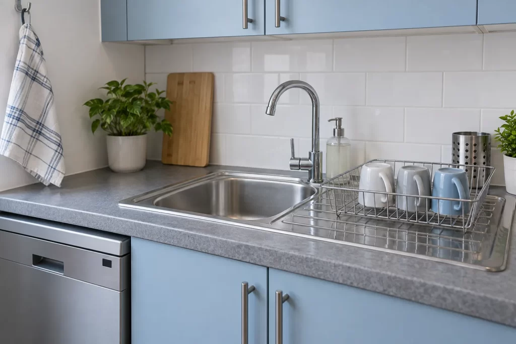 Mugs in a draining rack beside a clear sink and worktop
