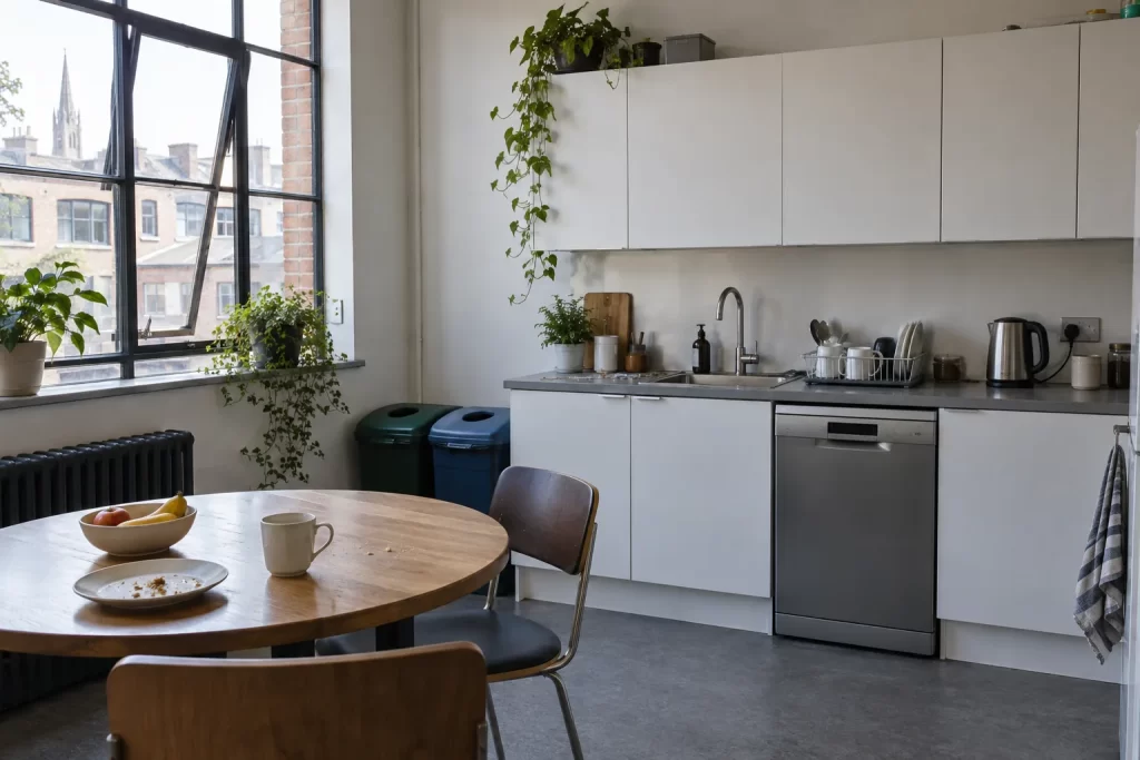 Shared office kitchen with mugs, dishwasher and a communal table