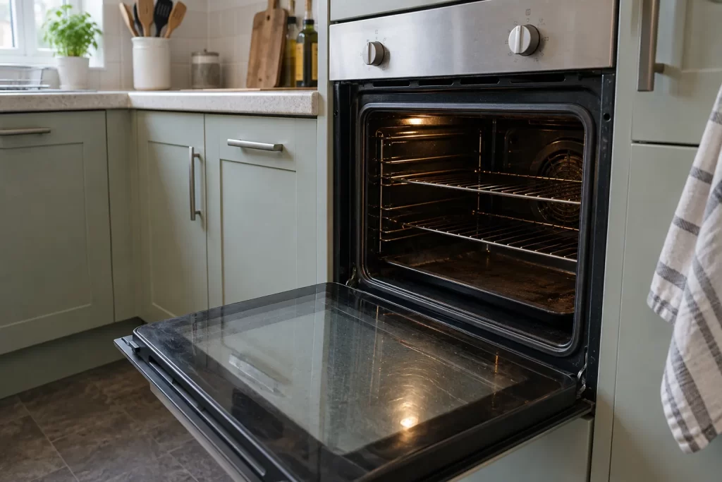 Open oven with racks visible beside kitchen cupboards and worktops