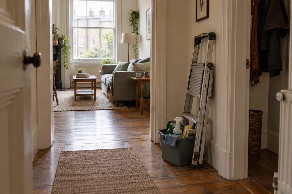 Ladder and cleaning caddy beside the wall in a compact hallway leading to a sitting room