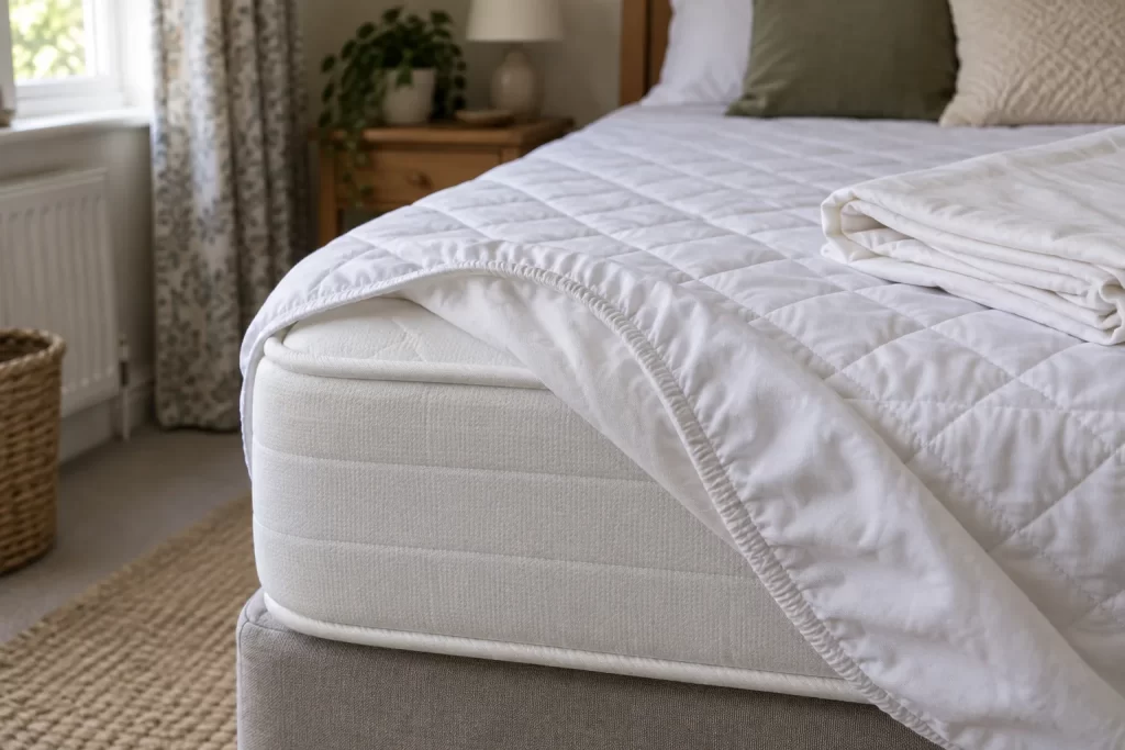 Mattress protector peeled back at the edge of a bed