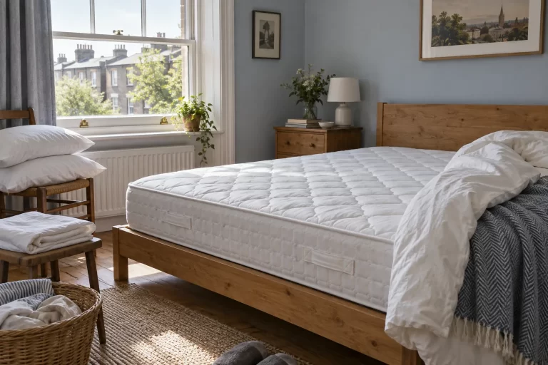 White mattress exposed on a bed during a bedding change