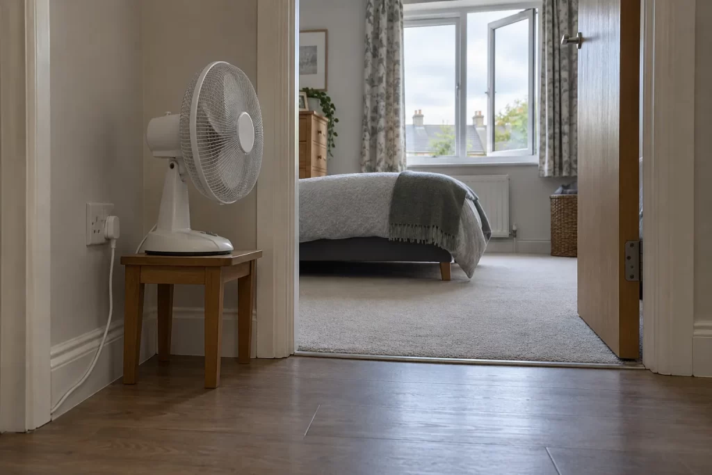 Fan on a small table beside a clear hard-floor doorway to a carpeted room