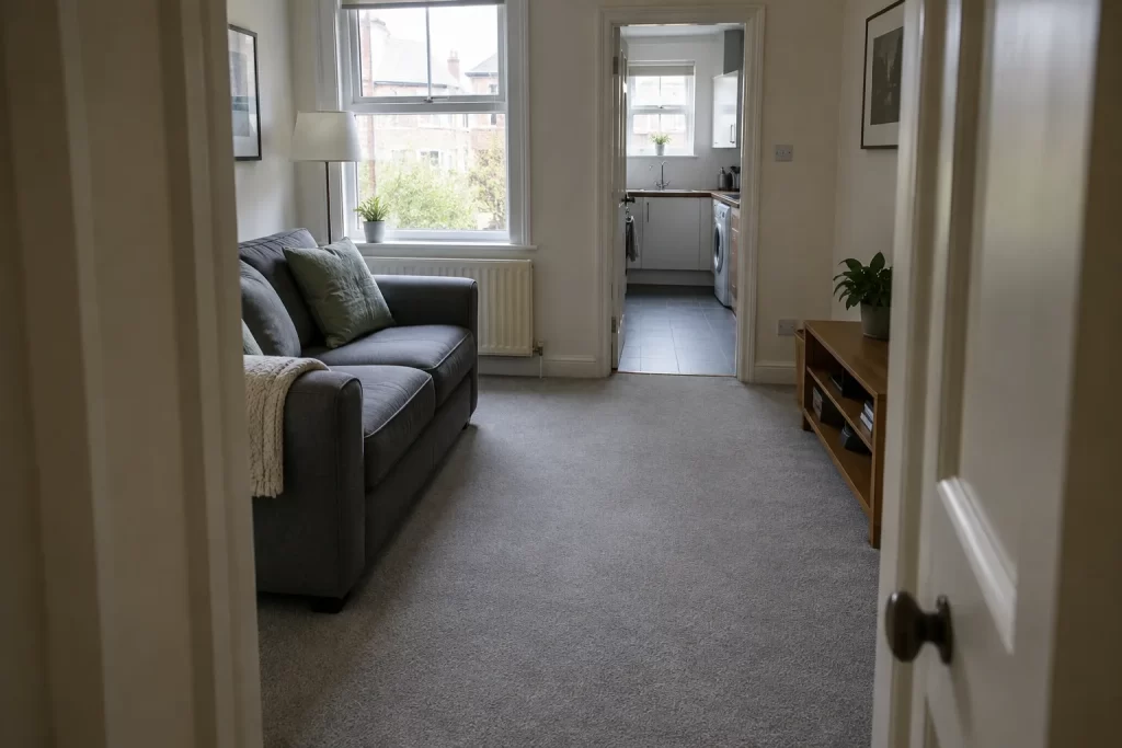 Carpeted sitting room on the route between a flat's entrance and kitchen