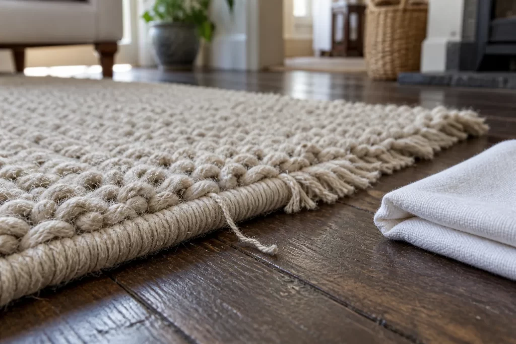Loose thread at the edge of an oatmeal wool rug with a cloth beside it