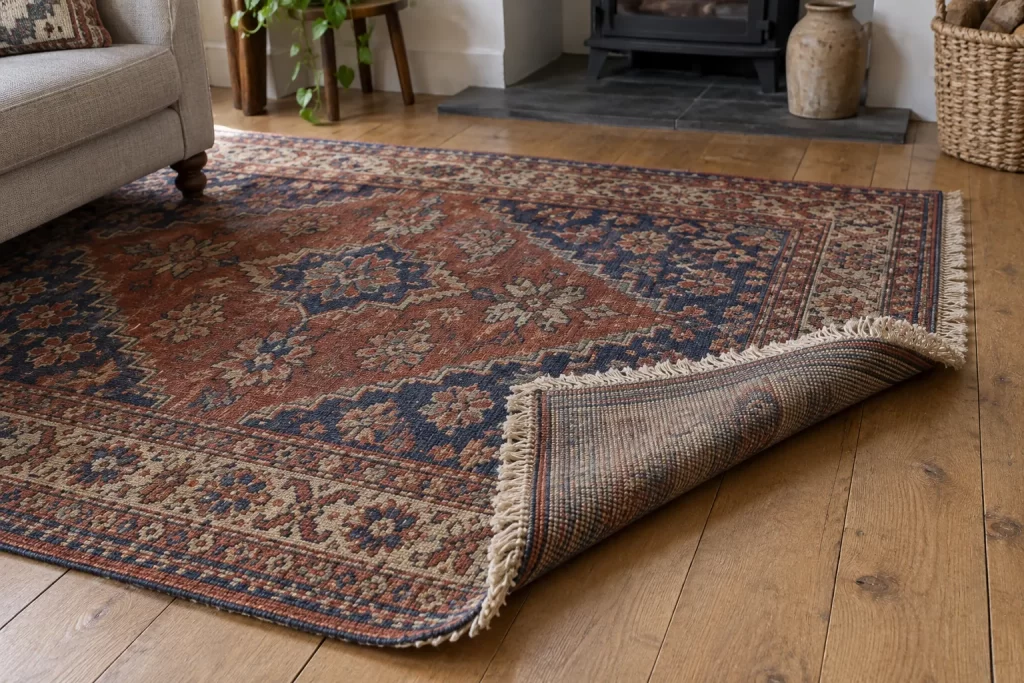 Patterned wool rug with a corner folded back to show its underside