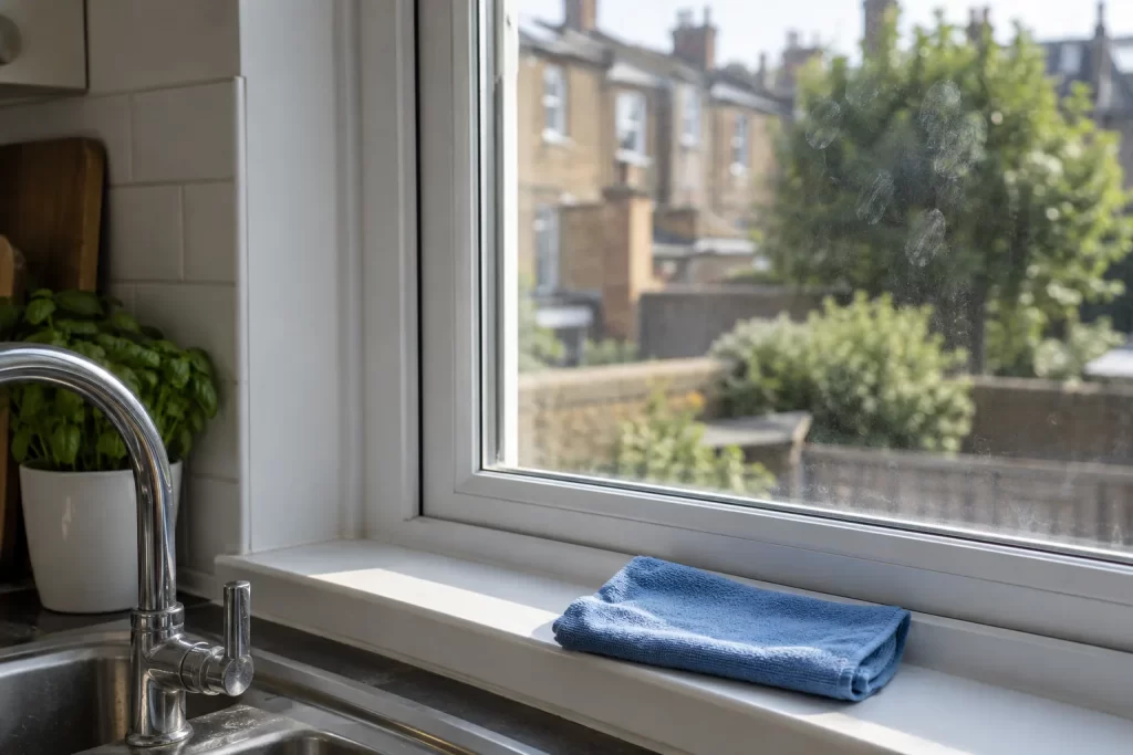 Dry smudges on kitchen window glass with a blue cloth on the sill