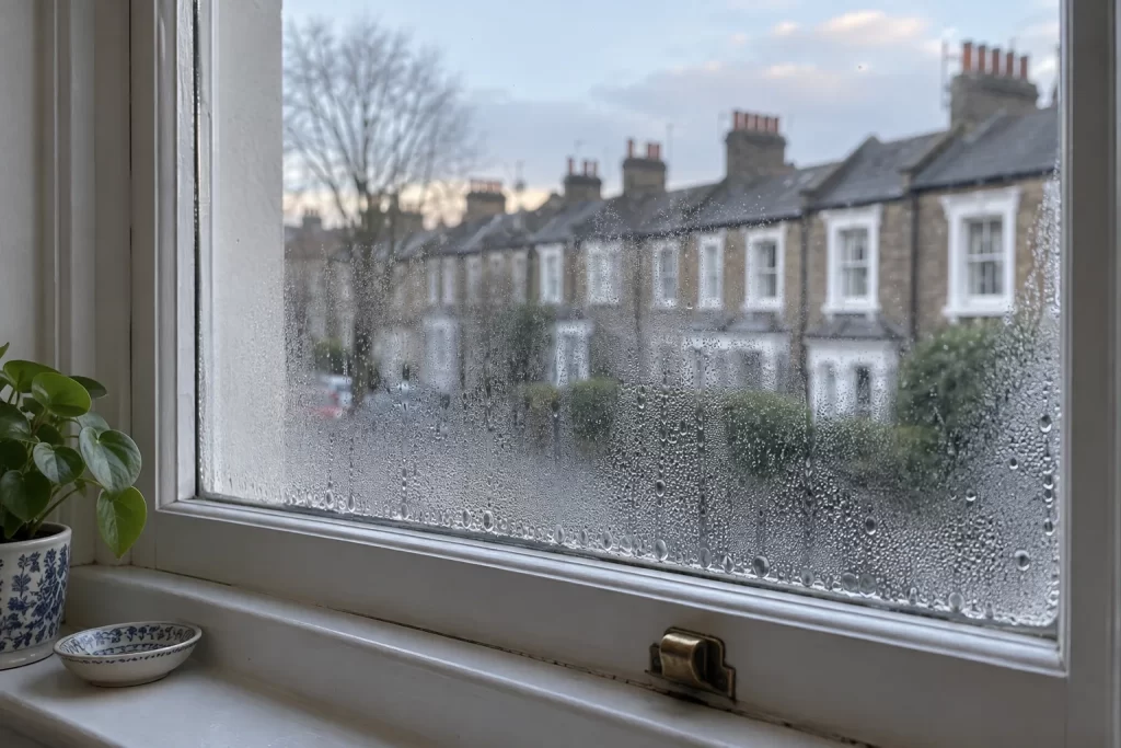 Condensation droplets on the inside of a window with terraced houses beyond